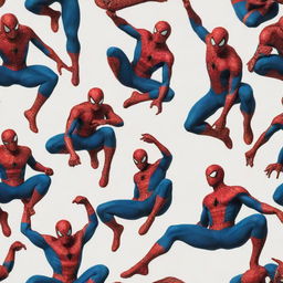 An artistic collection of Spiderman in various dramatic poses, with bold, vivid colors and intricate webbing details.