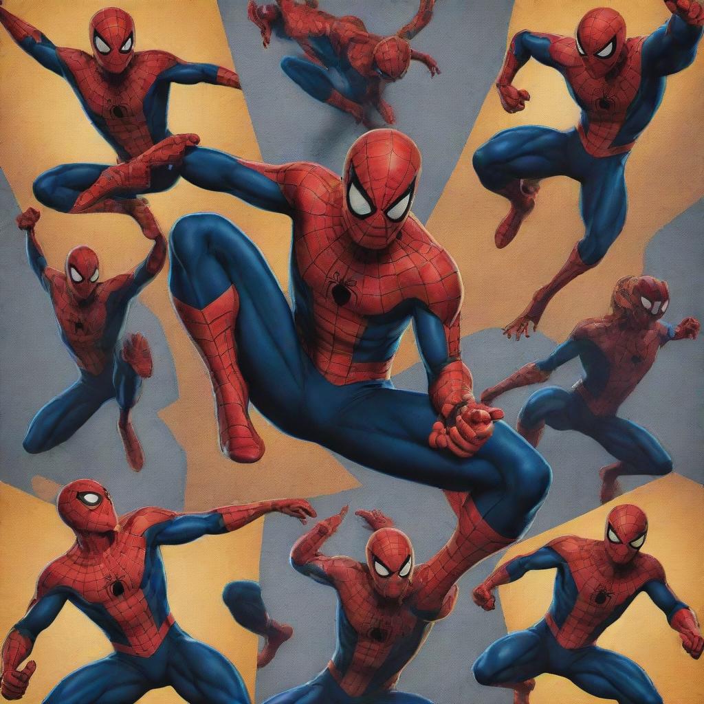 An artistic collection of Spiderman in various dramatic poses, with bold, vivid colors and intricate webbing details.