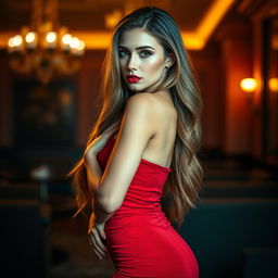 A stunningly beautiful and sensual woman with long, flowing hair, wearing a form-fitting red dress that accentuates her curves