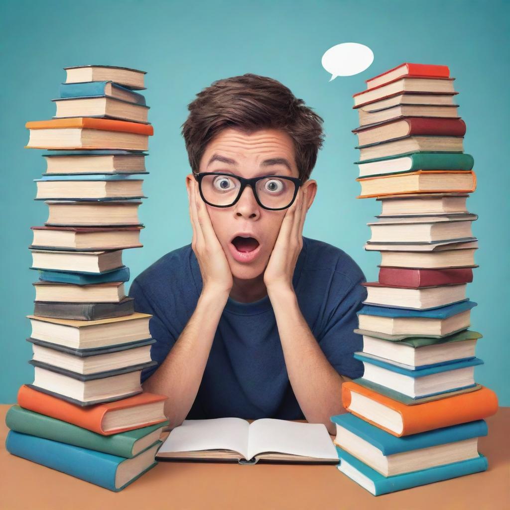 Create a clipart style image of a student looking confused, surrounded by books and study materials in an exaggerated and humorous style.