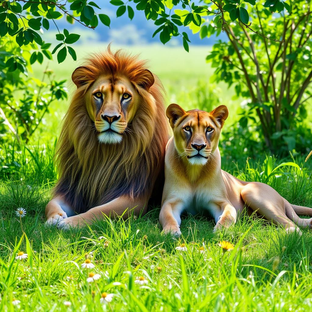 A majestic male lion and a graceful lioness sitting together in a lush green wild setting