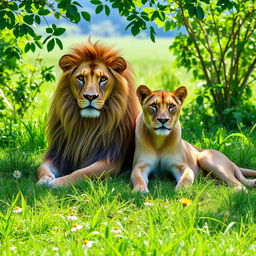 A majestic male lion and a graceful lioness sitting together in a lush green wild setting