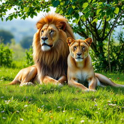 A majestic male lion and a graceful lioness sitting together in a lush green wild setting