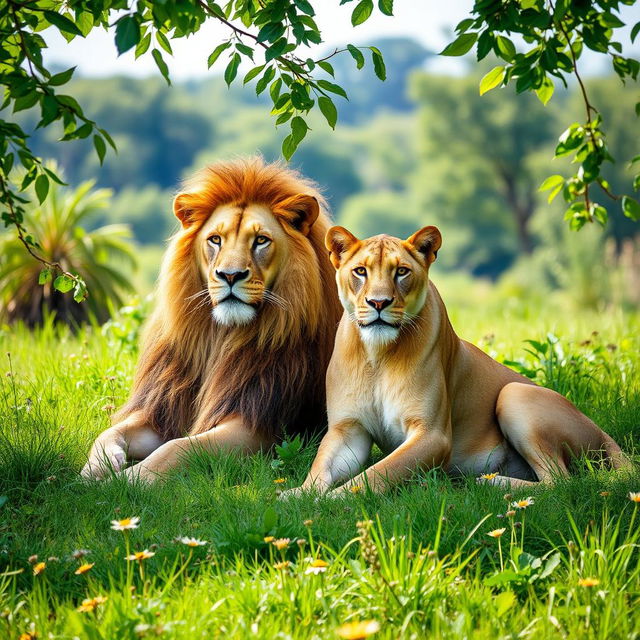 A majestic male lion and a graceful lioness sitting together in a lush green wild setting