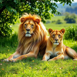 A majestic male lion and a graceful lioness sitting together in a lush green wild setting