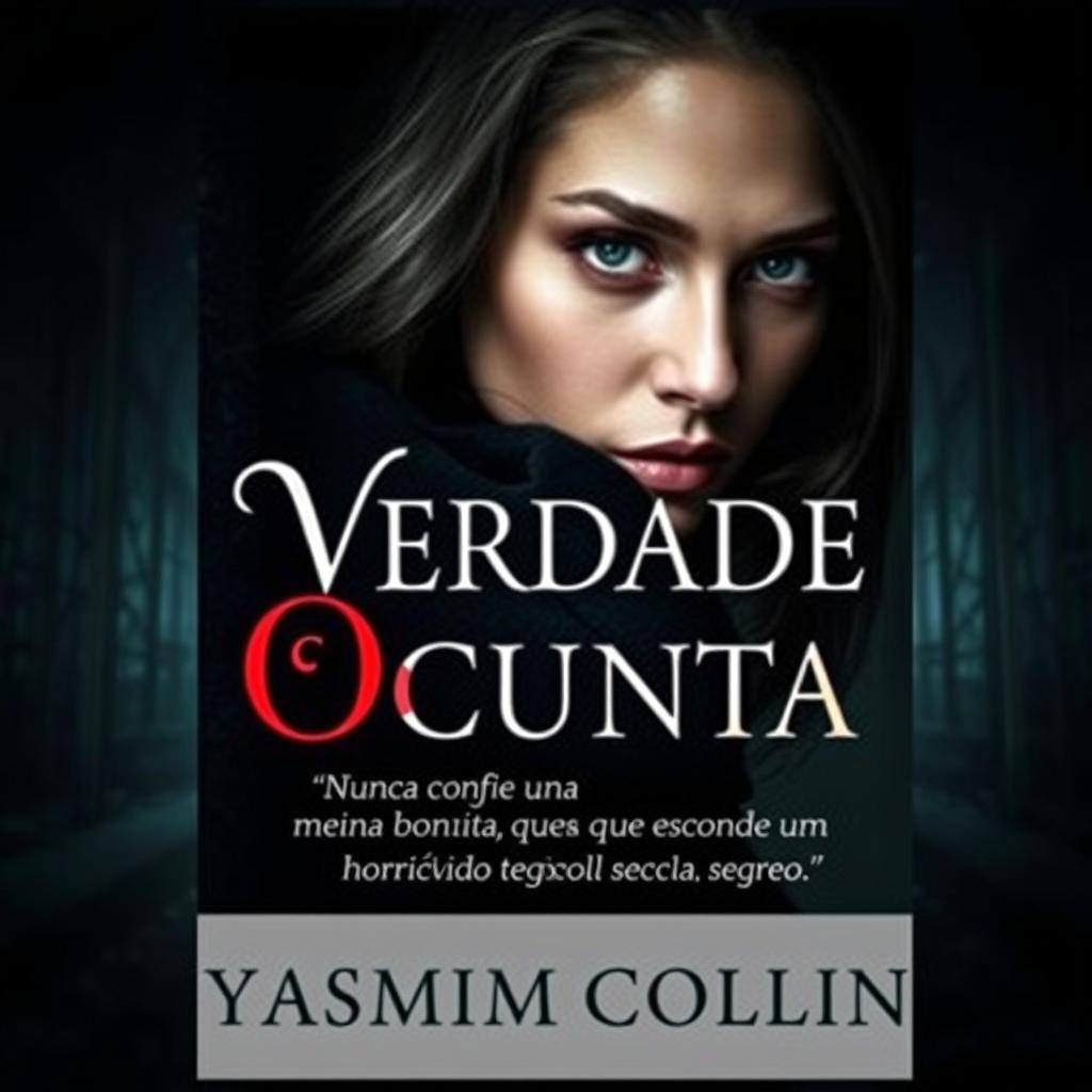 A captivating eBook cover for 'Verdade Oculta' by Yasmim Collin, featuring a beautiful, enigmatic young woman with striking features, her expression a blend of allure and mystery