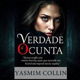 A captivating eBook cover for 'Verdade Oculta' by Yasmim Collin, featuring a beautiful, enigmatic young woman with striking features, her expression a blend of allure and mystery