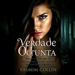 A captivating eBook cover for 'Verdade Oculta' by Yasmim Collin, featuring a beautiful, enigmatic young woman with striking features, her expression a blend of allure and mystery