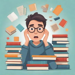 Create a clipart style image of a student looking confused, surrounded by books and study materials in an exaggerated and humorous style.