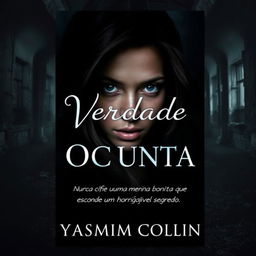 A captivating eBook cover for 'Verdade Oculta' by Yasmim Collin, featuring a beautiful, enigmatic young woman with striking features, her expression a blend of allure and mystery