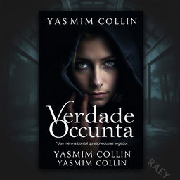 A captivating eBook cover for 'Verdade Oculta' by Yasmim Collin, featuring a beautiful, enigmatic young woman with striking features, her expression a blend of allure and mystery