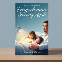 A poignant book cover design for the novel "Pengorbanan Seorang Ayah" by Kapten Oleng, which tells the story of a father's sacrifice to cure his 15-year-old daughter