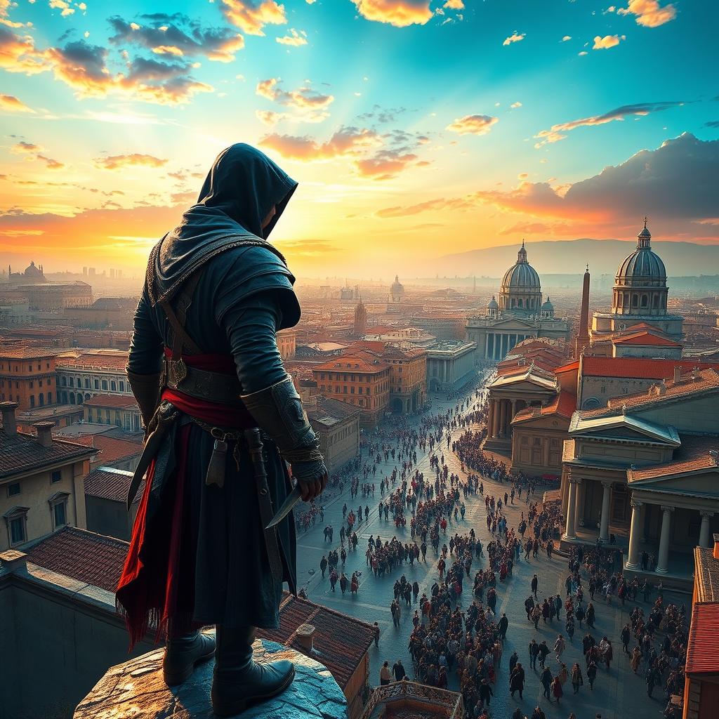 An awe-inspiring scene depicting a vast, intricate view of Renaissance Rome as seen in Assassin's Creed Brotherhood, featuring iconic landmarks such as the Colosseum, St