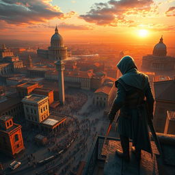 An awe-inspiring scene depicting a vast, intricate view of Renaissance Rome as seen in Assassin's Creed Brotherhood, featuring iconic landmarks such as the Colosseum, St