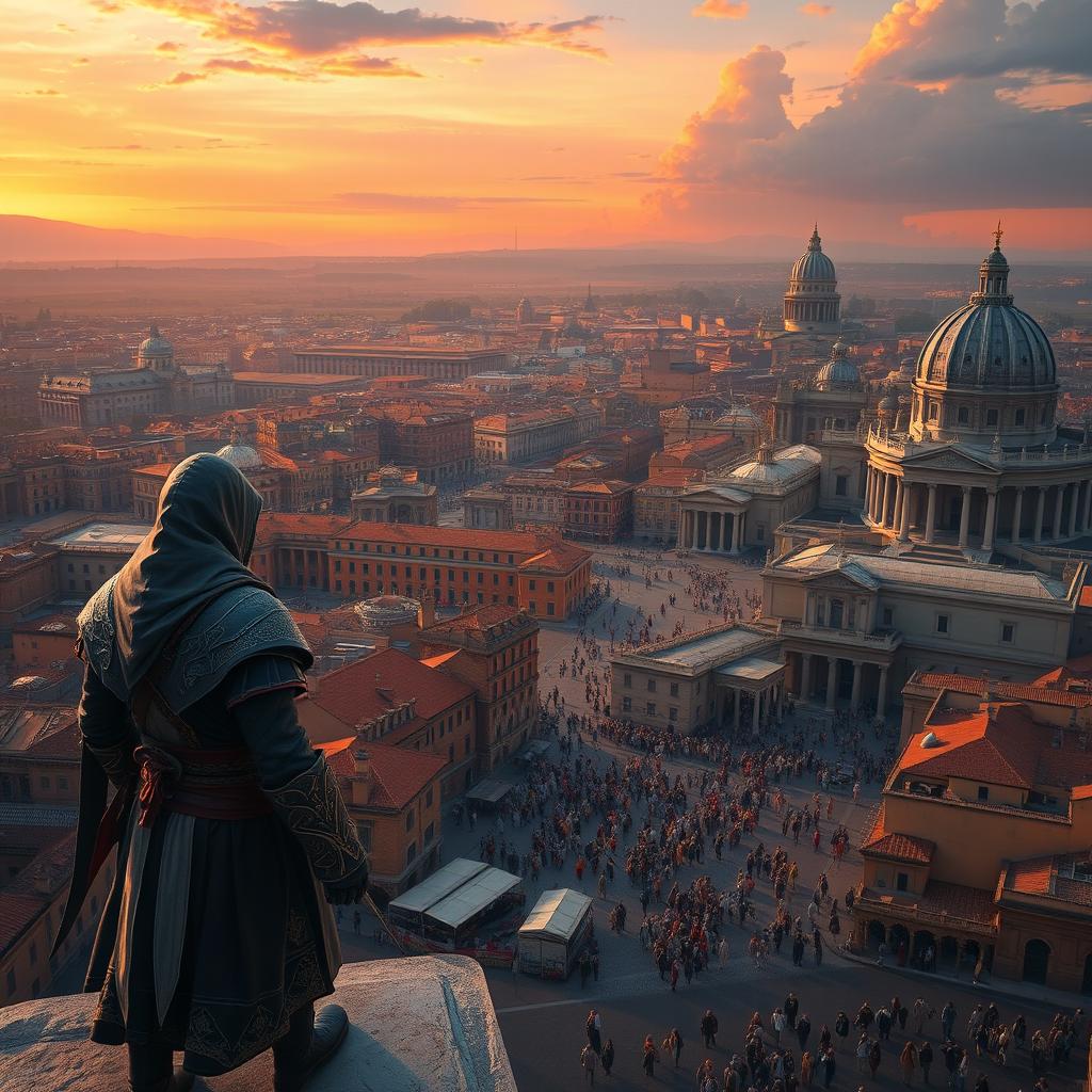 An awe-inspiring scene depicting a vast, intricate view of Renaissance Rome as seen in Assassin's Creed Brotherhood, featuring iconic landmarks such as the Colosseum, St