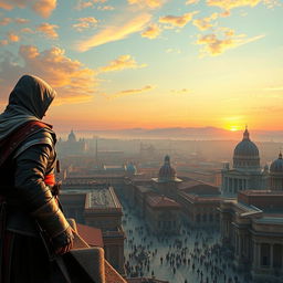 An awe-inspiring scene depicting a vast, intricate view of Renaissance Rome as seen in Assassin's Creed Brotherhood, featuring iconic landmarks such as the Colosseum, St