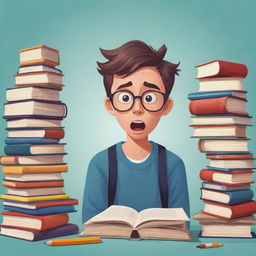 Create a clipart style image of a student looking confused, surrounded by books and study materials in an exaggerated and humorous style.