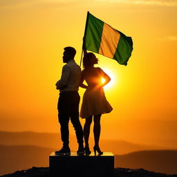 A powerful silhouette of a strong, confident young Nigerian man and woman standing on a podium or mountaintop, proudly facing the horizon