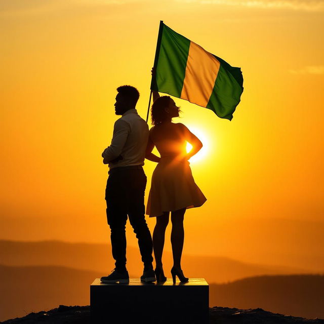 A powerful silhouette of a strong, confident young Nigerian man and woman standing on a podium or mountaintop, proudly facing the horizon