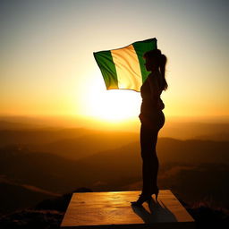 A powerful silhouette of a strong, confident young Nigerian man and woman standing on a podium or mountaintop, proudly facing the horizon