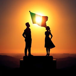 A powerful silhouette of a strong, confident young Nigerian man and woman standing on a podium or mountaintop, proudly facing the horizon