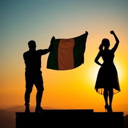 A powerful silhouette of a strong, confident young Nigerian man and woman standing on a podium or mountaintop, proudly facing the horizon