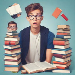 Create a clipart style image of a student looking confused, surrounded by books and study materials in an exaggerated and humorous style.