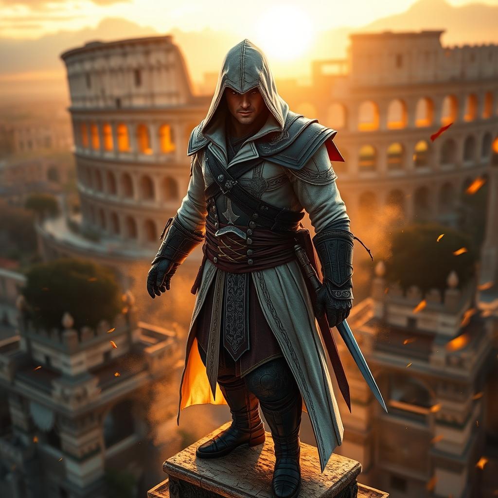 An epic scene from Assassin's Creed featuring Ezio Auditore in Brotherhood, set in the vibrant streets of Rome