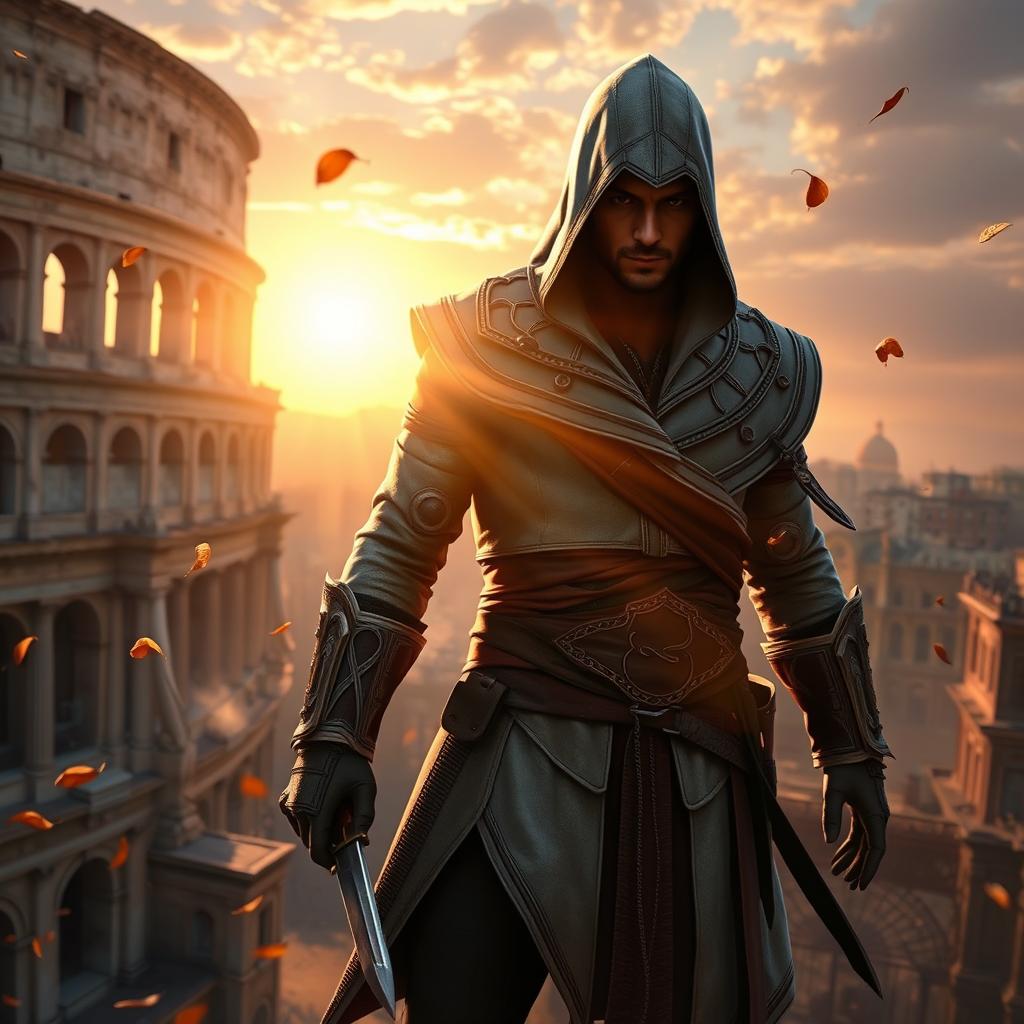 An epic scene from Assassin's Creed featuring Ezio Auditore in Brotherhood, set in the vibrant streets of Rome