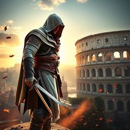 An epic scene from Assassin's Creed featuring Ezio Auditore in Brotherhood, set in the vibrant streets of Rome