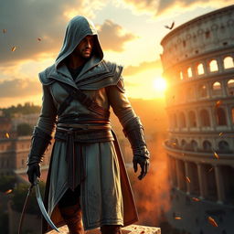 An epic scene from Assassin's Creed featuring Ezio Auditore in Brotherhood, set in the vibrant streets of Rome