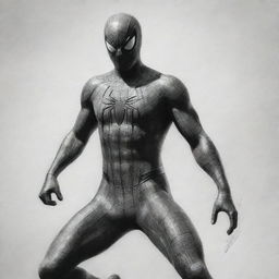 A grayscale pencil sketch of Spiderman, with high attention to texture, showcasing his dynamic posture, the delicate webbing of his suit, and emphasizing shadows and light.