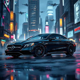 A sleek Mercedes-Benz S63 Coupe Brabus parked in a vibrant cyberpunk cityscape, illuminated by neon lights and glowing advertisements