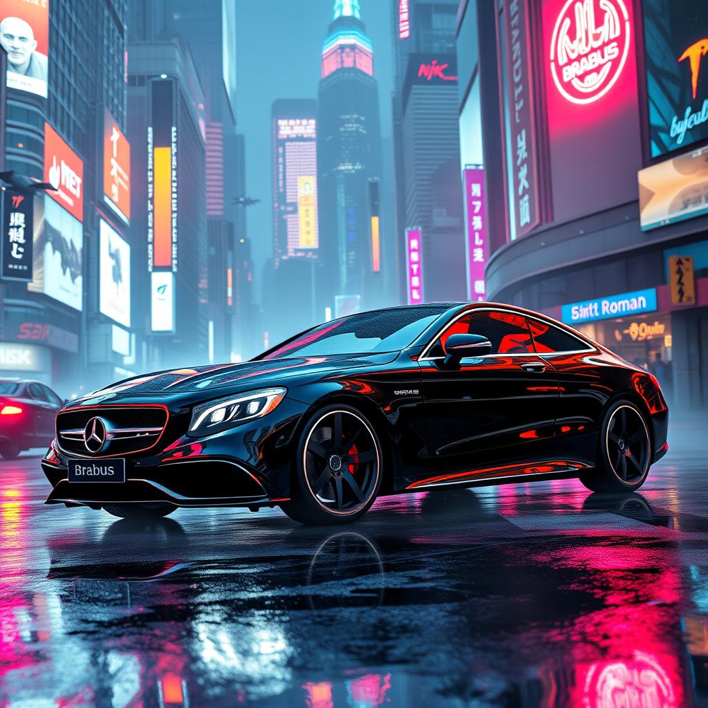 A sleek Mercedes-Benz S63 Coupe Brabus parked in a vibrant cyberpunk cityscape, illuminated by neon lights and glowing advertisements