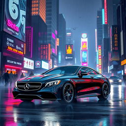 A sleek Mercedes-Benz S63 Coupe Brabus parked in a vibrant cyberpunk cityscape, illuminated by neon lights and glowing advertisements