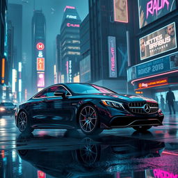 A sleek Mercedes-Benz S63 Coupe Brabus parked in a vibrant cyberpunk cityscape, illuminated by neon lights and glowing advertisements