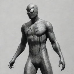 A grayscale pencil sketch of Spiderman, with high attention to texture, showcasing his dynamic posture, the delicate webbing of his suit, and emphasizing shadows and light.