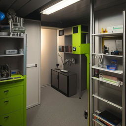 A multifunctional room containing a science experiment area, music production equipment, a book rack, a comfortable bed, and a compact bathing area.