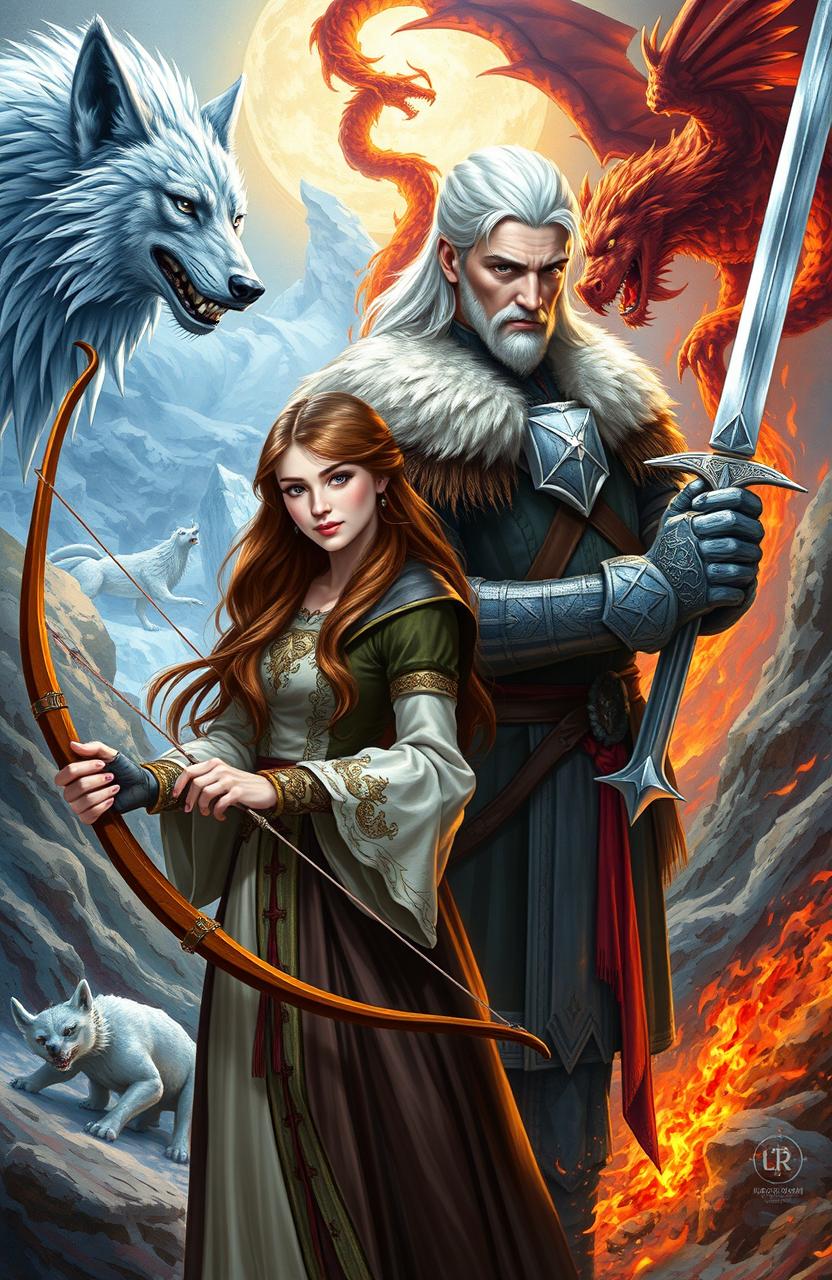 A woman from the medieval era with pale skin and long brown hair, holding a bow in her hands, stands beside a medieval warrior man with white skin, wielding a sword