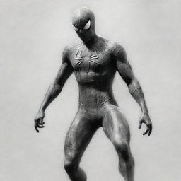 A grayscale pencil sketch of Spiderman, with high attention to texture, showcasing his dynamic posture, the delicate webbing of his suit, and emphasizing shadows and light.