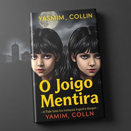 A captivating book cover design for 'O Jogo da Mentira' by Yasmim_Collin featuring a mysterious nighttime cityscape in the background, creating an intriguing atmosphere