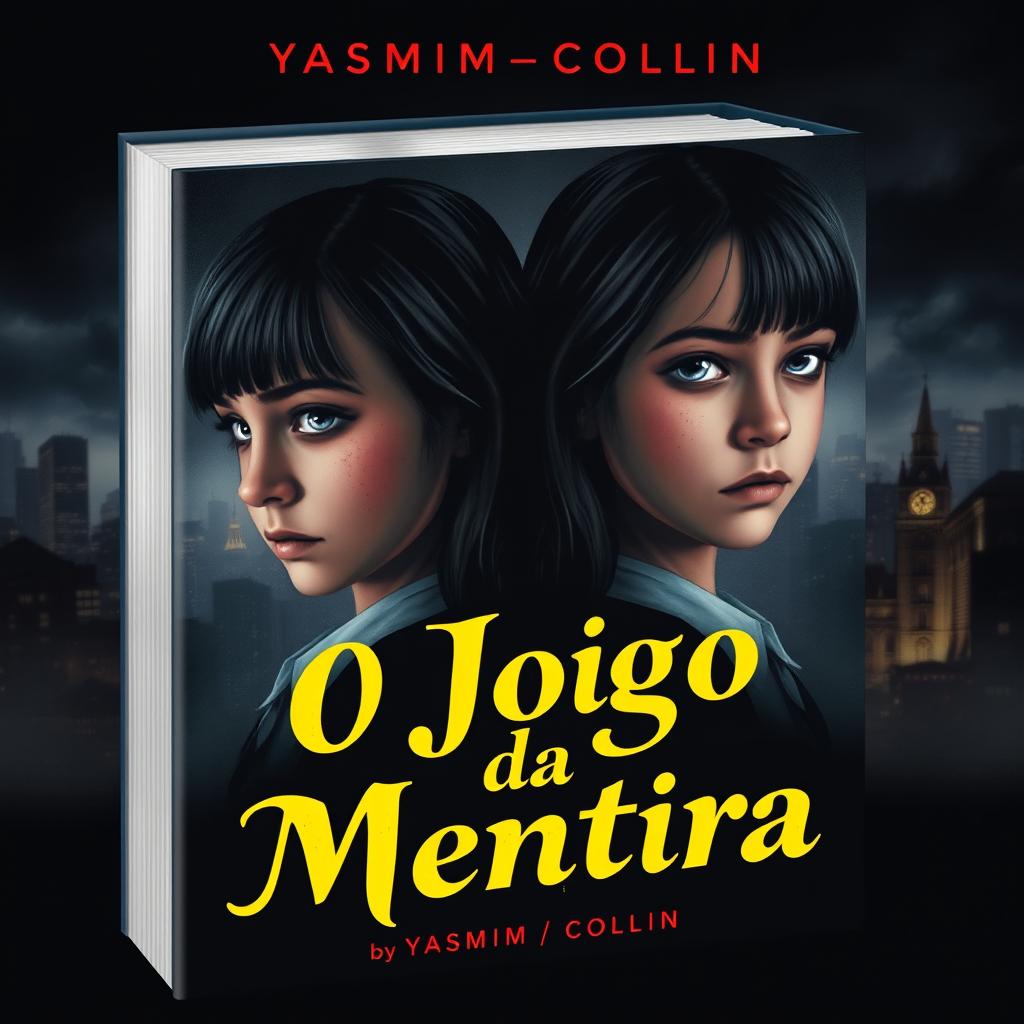 A captivating book cover design for 'O Jogo da Mentira' by Yasmim_Collin featuring a mysterious nighttime cityscape in the background, creating an intriguing atmosphere