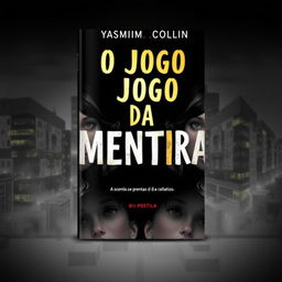 A captivating book cover design for 'O Jogo da Mentira' by Yasmim_Collin featuring a mysterious nighttime cityscape in the background, creating an intriguing atmosphere