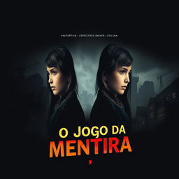 A captivating book cover design for 'O Jogo da Mentira' by Yasmim_Collin featuring a mysterious nighttime cityscape in the background, creating an intriguing atmosphere