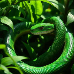 A highly detailed, close-up rendering of a snake winding its way through lush green foliage