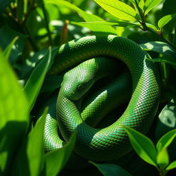 A highly detailed, close-up rendering of a snake winding its way through lush green foliage