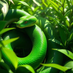 A highly detailed, close-up rendering of a snake winding its way through lush green foliage