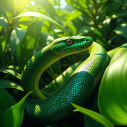 A highly detailed, close-up rendering of a snake winding its way through lush green foliage