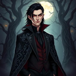 A striking vampire character design suitable for a gothic novel cover