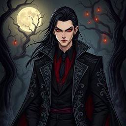 A striking vampire character design suitable for a gothic novel cover